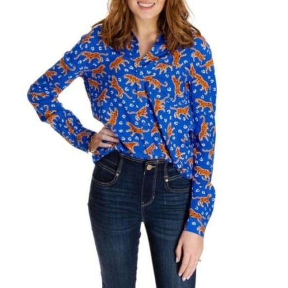 Alanna Leopard Blue Button Down Blouse - Picture 1 of 9